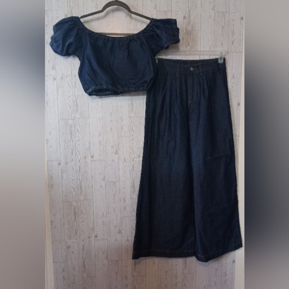 Jumpsuit Puff Sleeve Top and Wide Leg Pants Denim Women's Size S